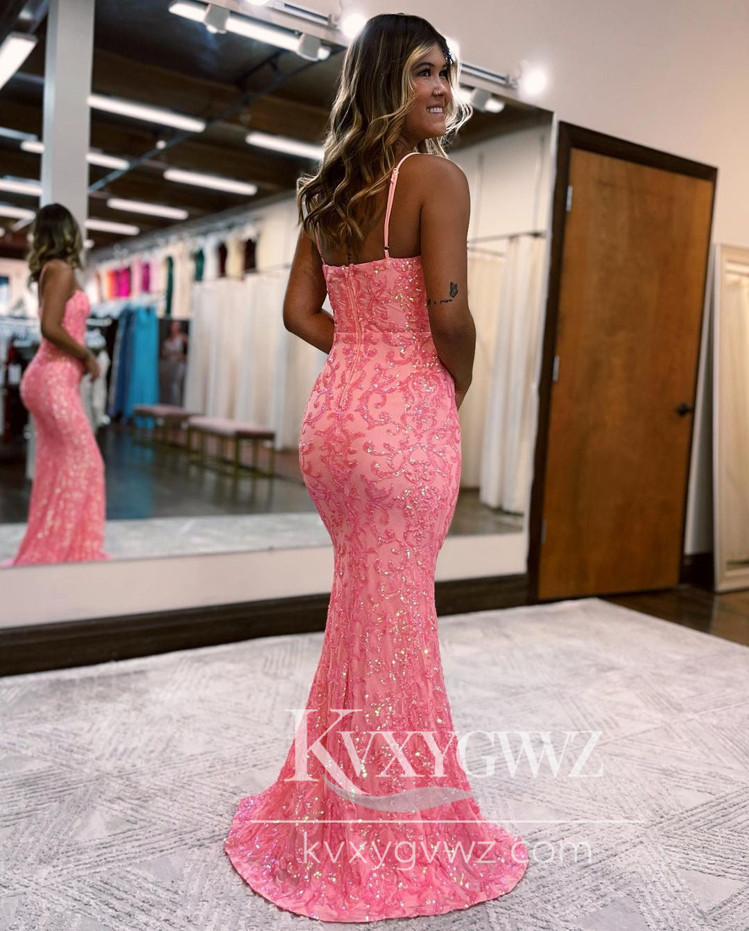 Charming Mermaid Straps Evening Gown Coral Sequins Lace Long Prom Dress LF685