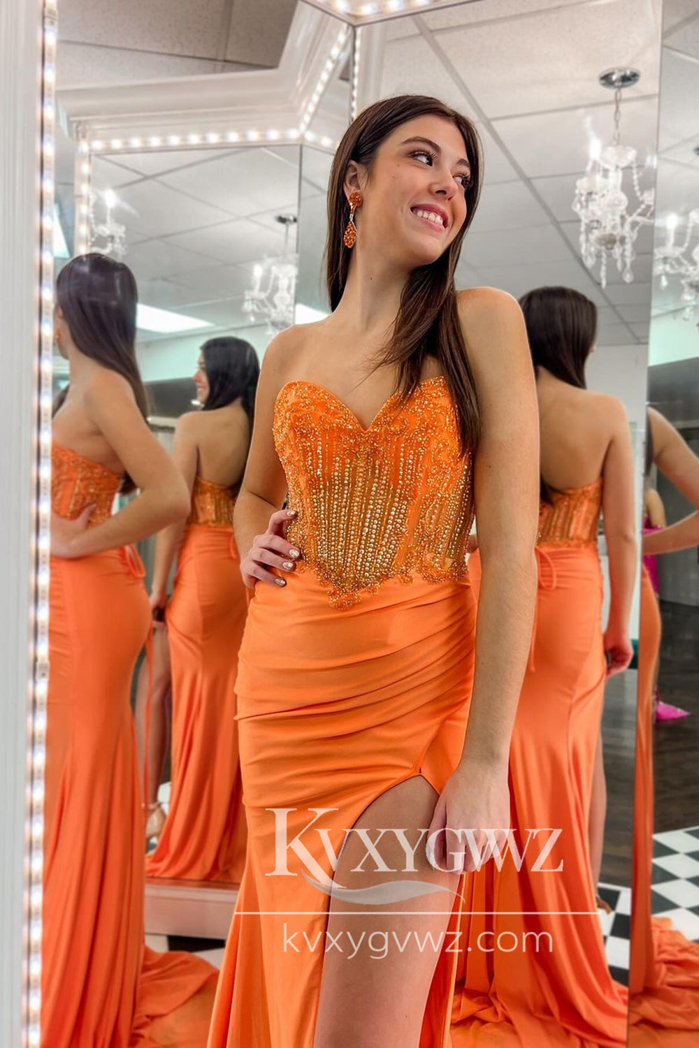 Charming Mermaid Sweetheart Orange Satin Long Prom Dress Gown with Appliques LF686