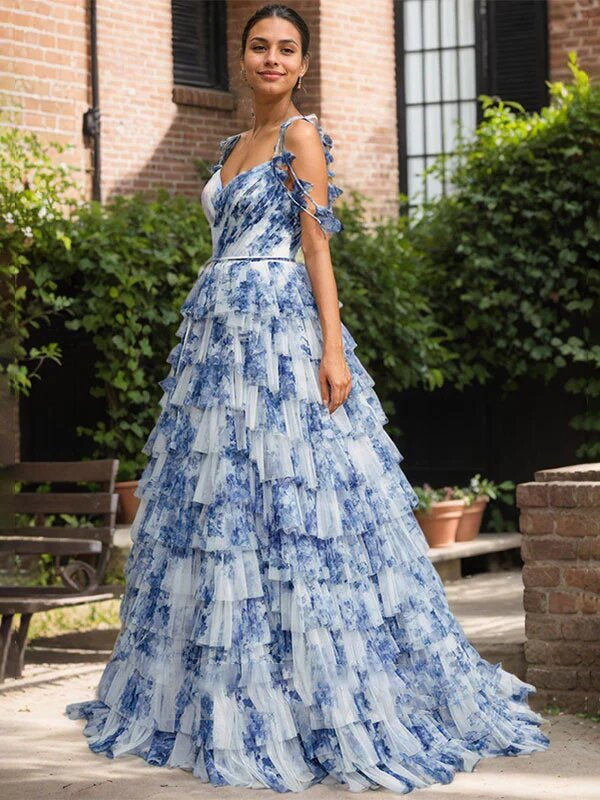 Blue White A Line Spaghetti Strap Ruffled Floral Long Prom Dress LF069