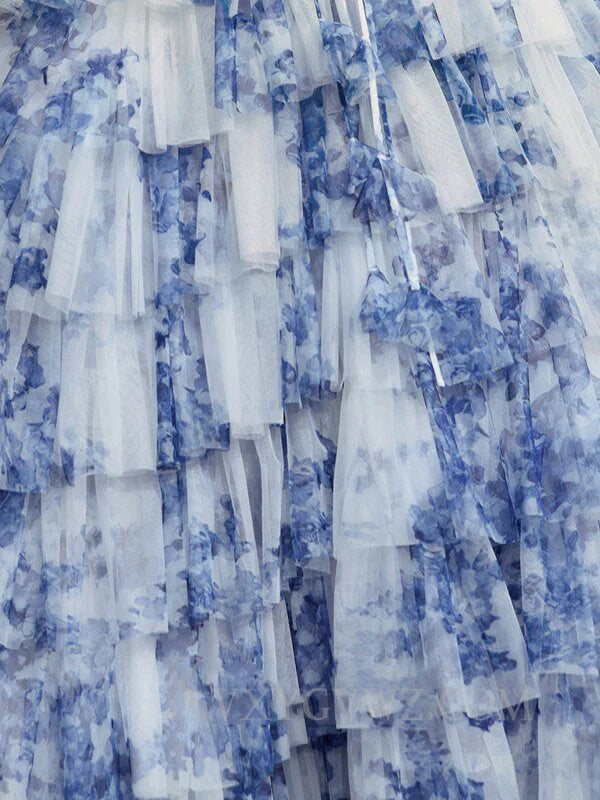 Blue White A Line Spaghetti Strap Ruffled Floral Long Prom Dress LF069