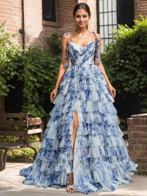 Blue White A Line Spaghetti Strap Ruffled Floral Long Prom Dress LF069