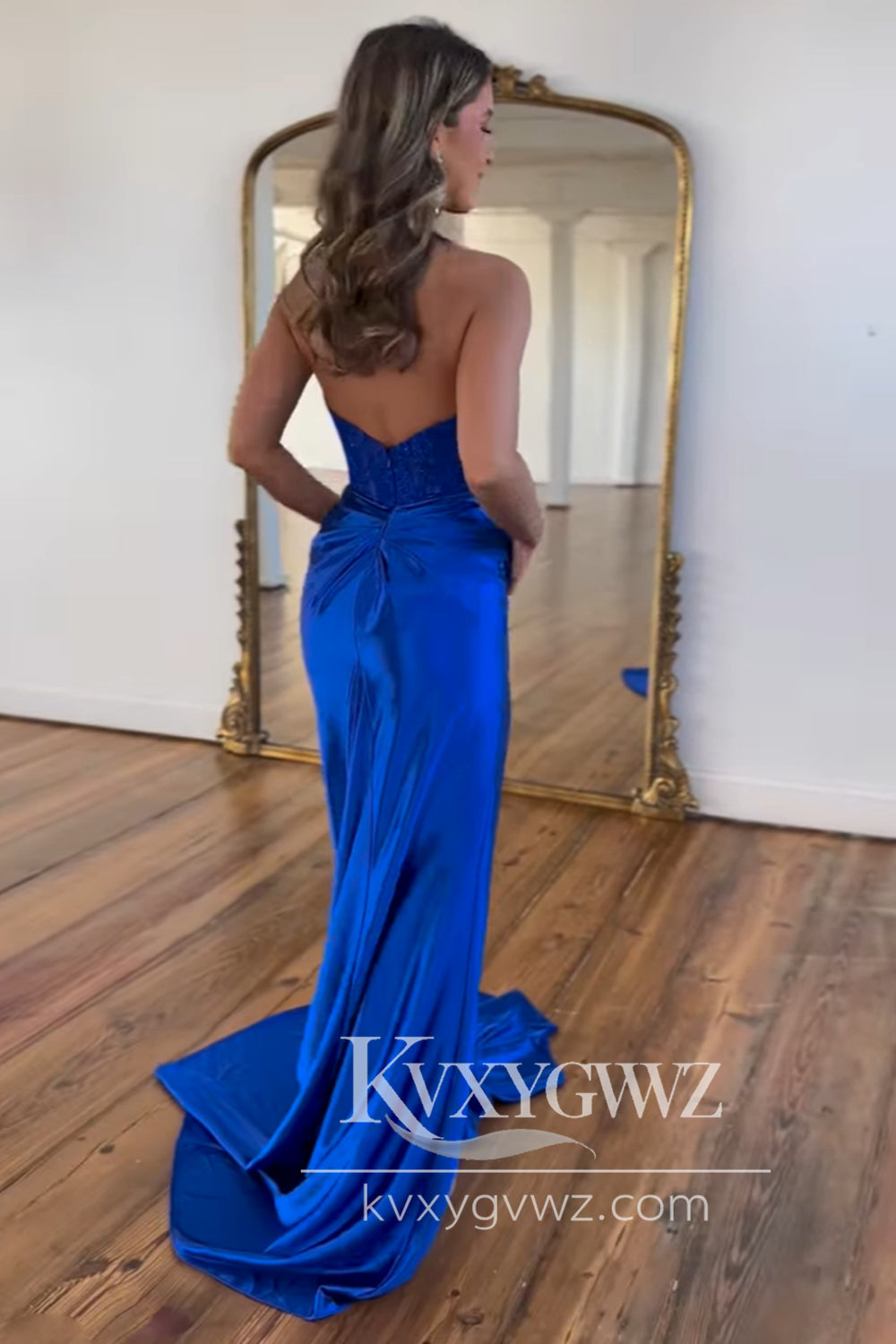Charming Mermaid V Neck Evening Gown Royal Blue Satin Long Prom Dress with Slit LF690