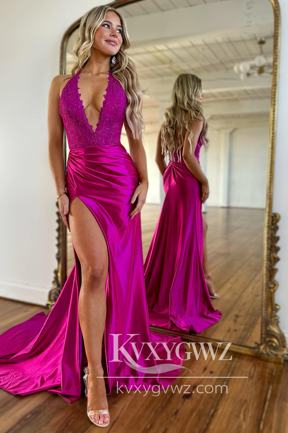Charming Mermaid V Neck Evening Gown Royal Blue Satin Long Prom Dress with Slit LF690