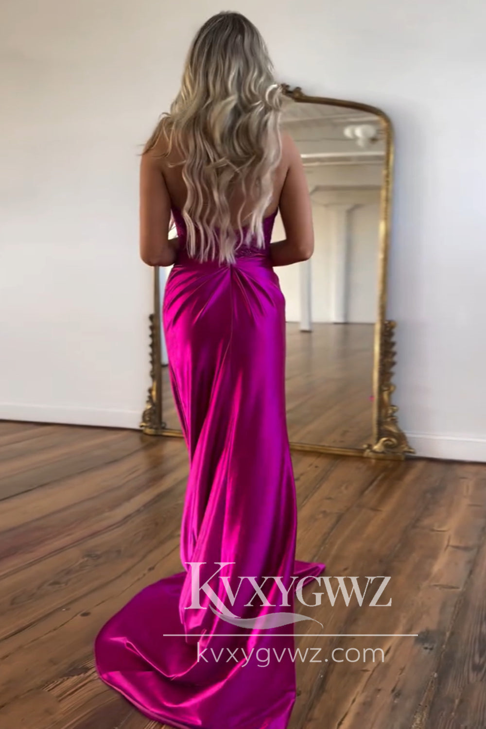 Charming Mermaid V Neck Evening Gown Royal Blue Satin Long Prom Dress with Slit LF690