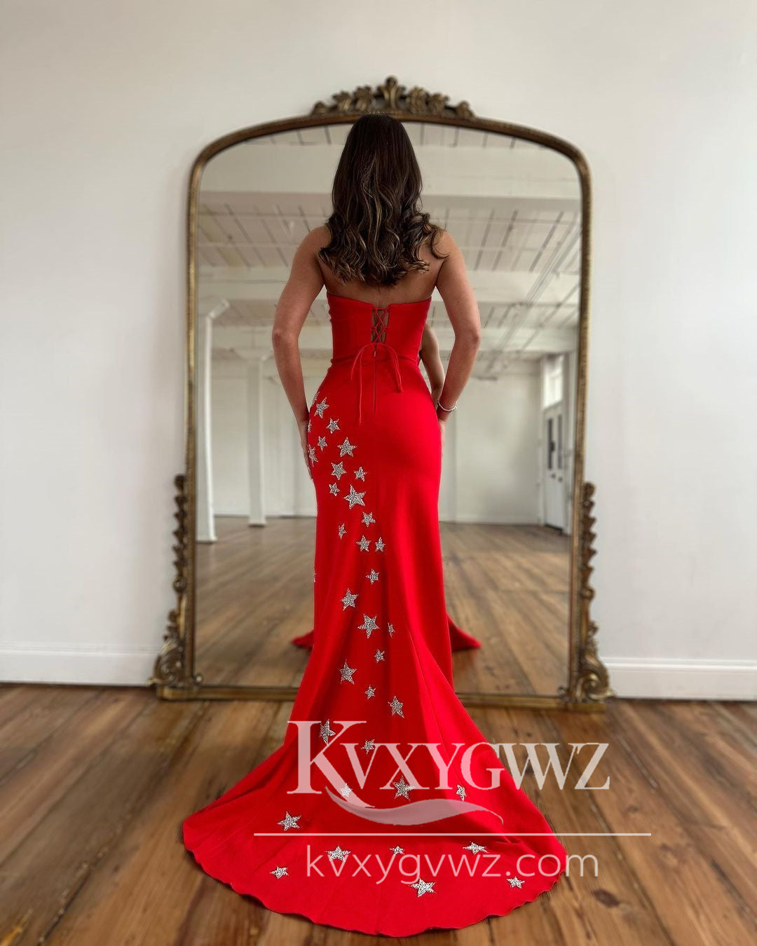 Charming Mermaid Strapless Evening Gown Red Satin Long Prom Dress with Slit LF691