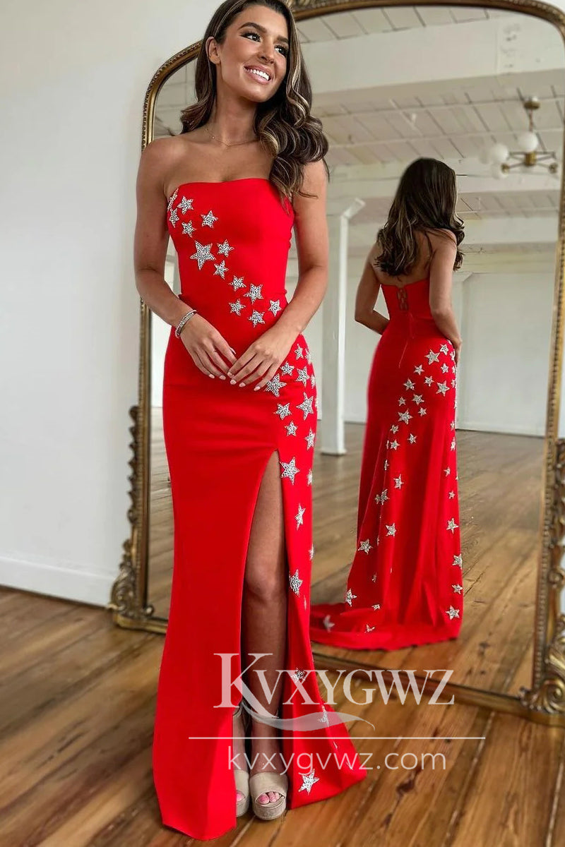 Charming Mermaid Strapless Evening Gown Red Satin Long Prom Dress with Slit LF691