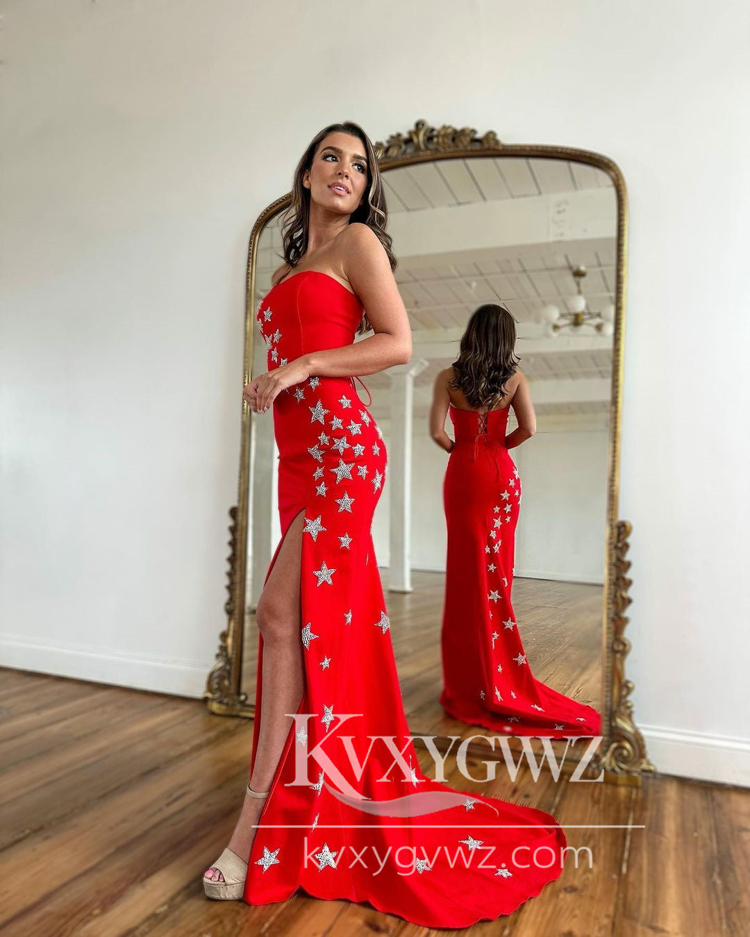 Charming Mermaid Strapless Evening Gown Red Satin Long Prom Dress with Slit LF691