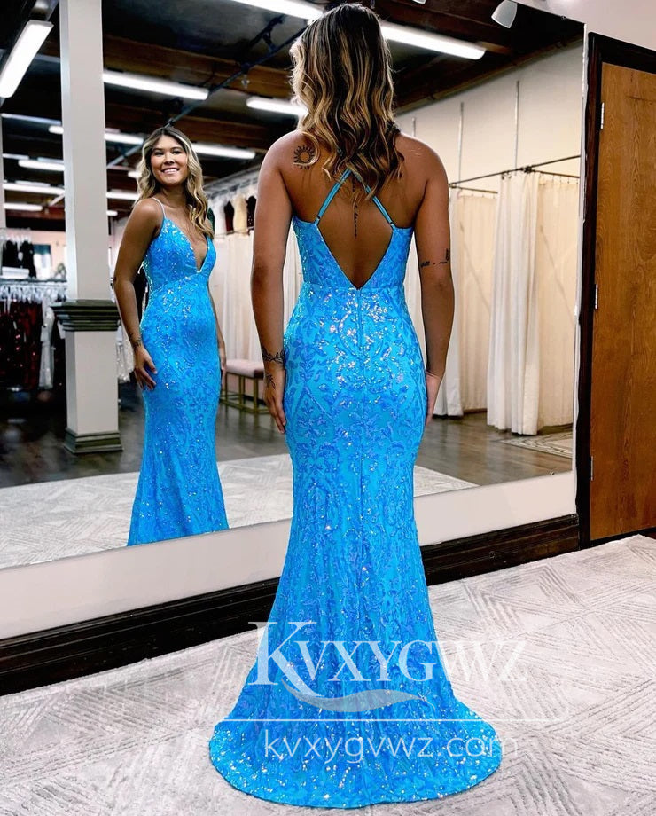 Charming Mermaid V Neck Evening Gown Blue Sequins Long Prom Dress LF693