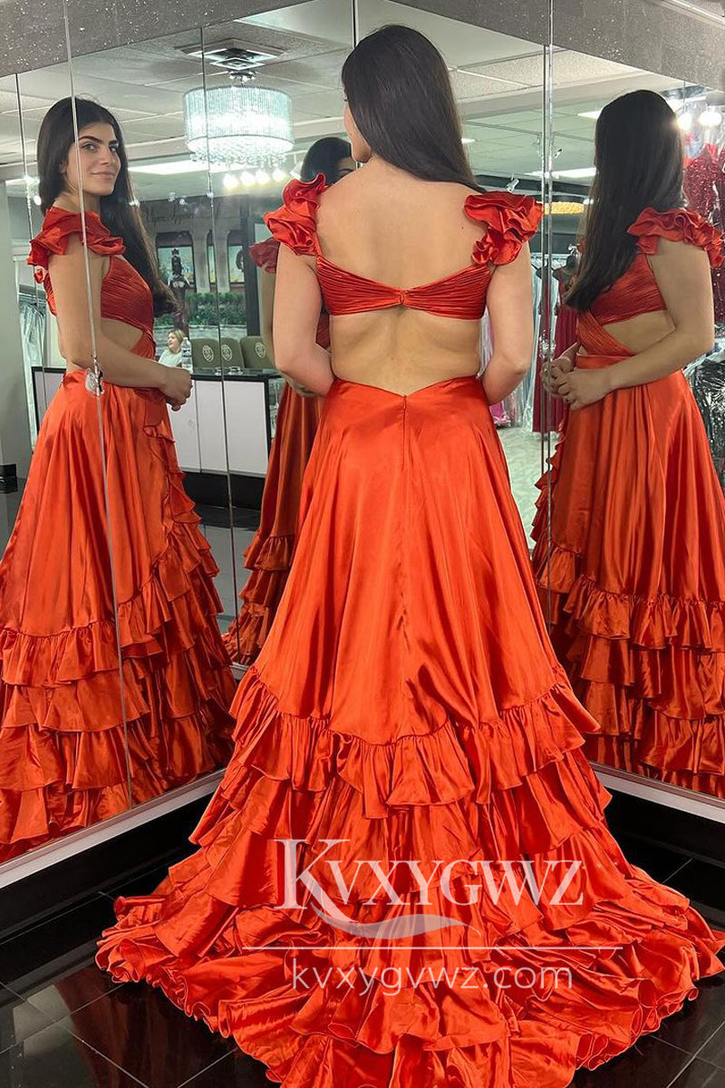 Coral Cutout Ruffle Evening Gown A-Line Long Prom Dress with Slit LF695