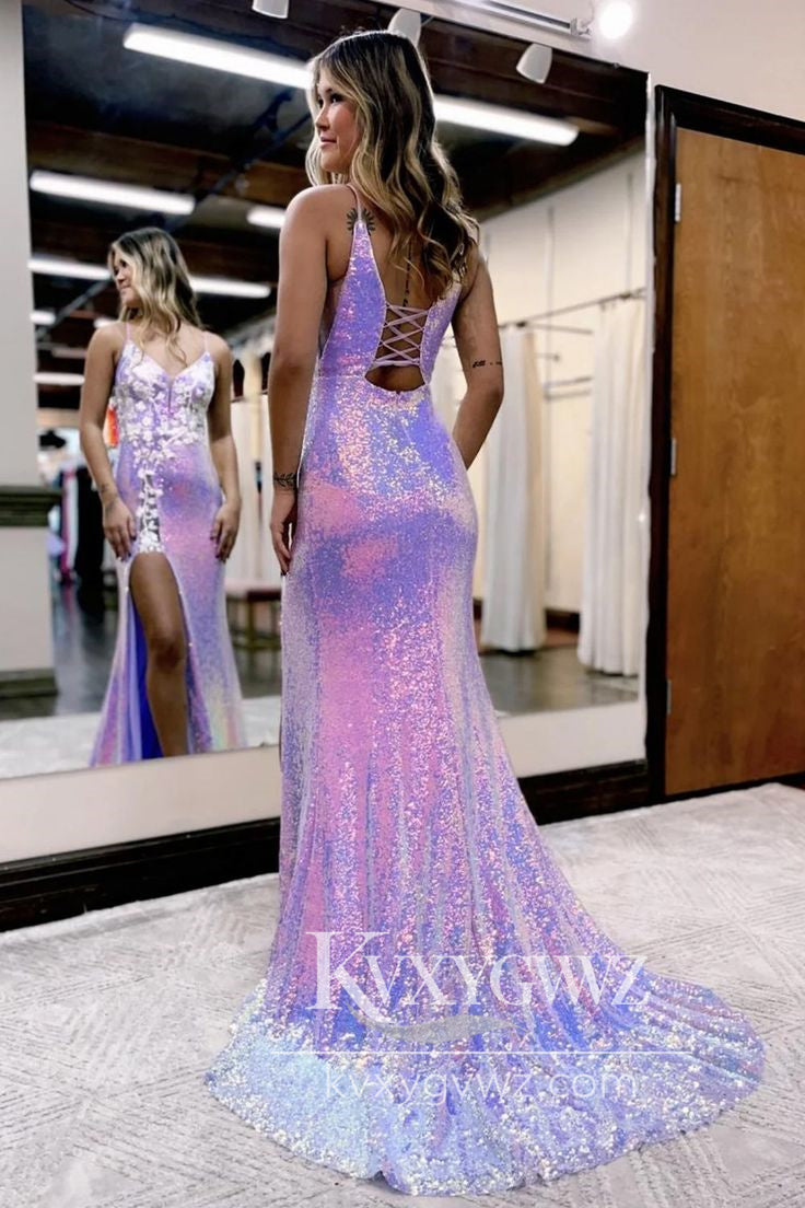 Charming Mermaid Evening Gown V Neck Lavender Sequins Long Prom Dress with Appliques LF699
