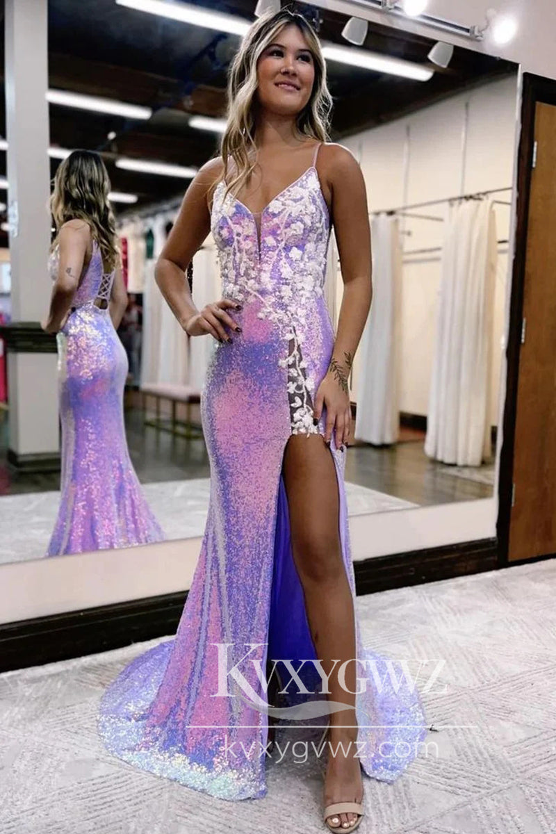 Charming Mermaid Evening Gown V Neck Lavender Sequins Long Prom Dress with Appliques LF699