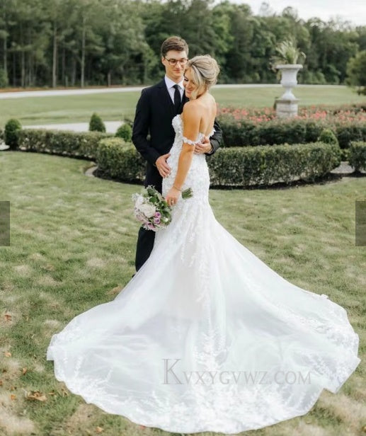 Off The Shoulder Mermaid Sweep Train Wedding Gown/Dress With Appliques HS467
