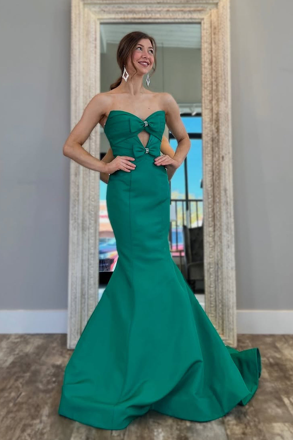 Mermaid Strapless Green Satin Keyhole Long Prom Dress Gown LF1314