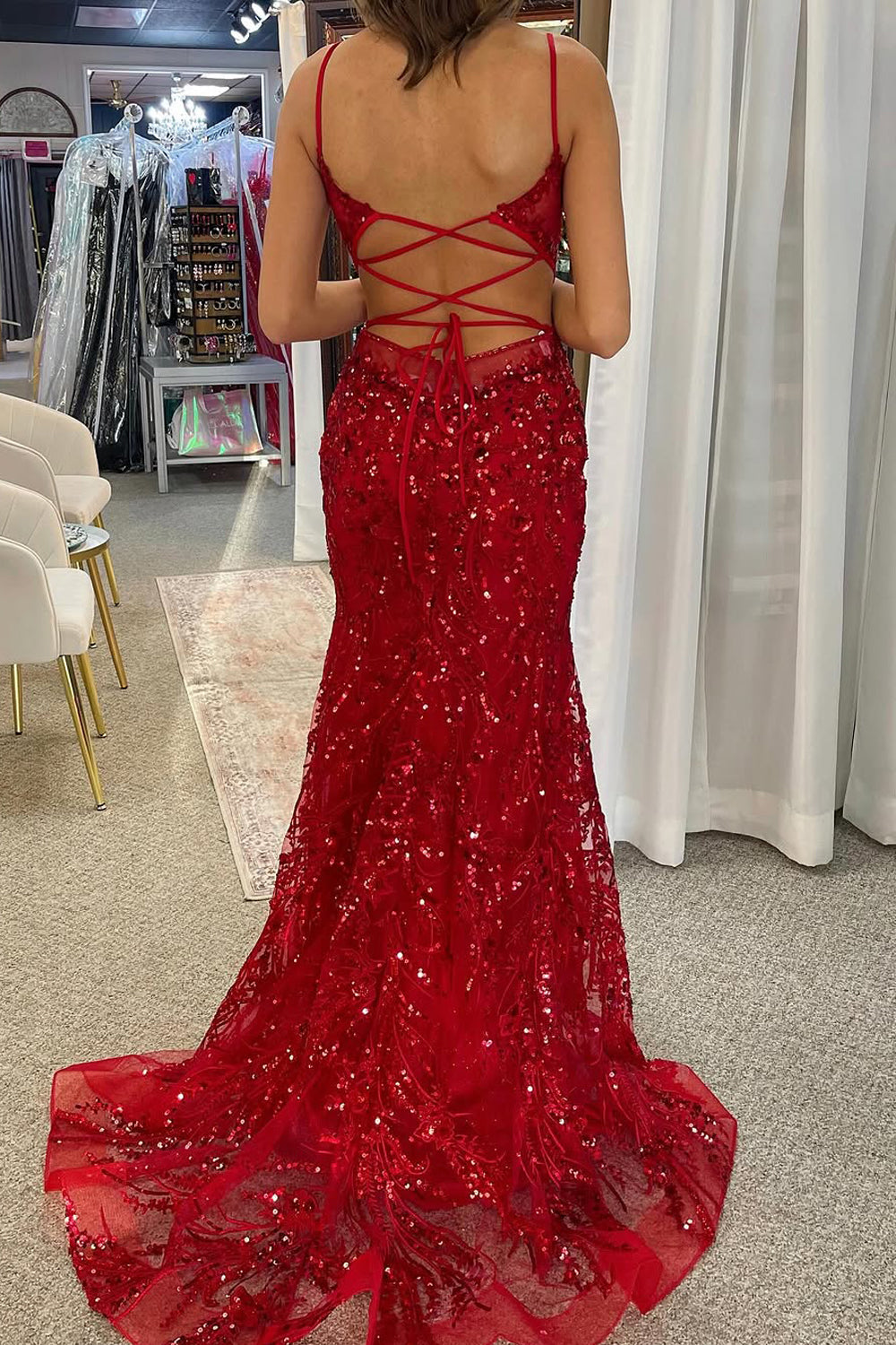 Stunging Mermaid V Neck Red Sequins Lace Prom Dress Gown LF1195