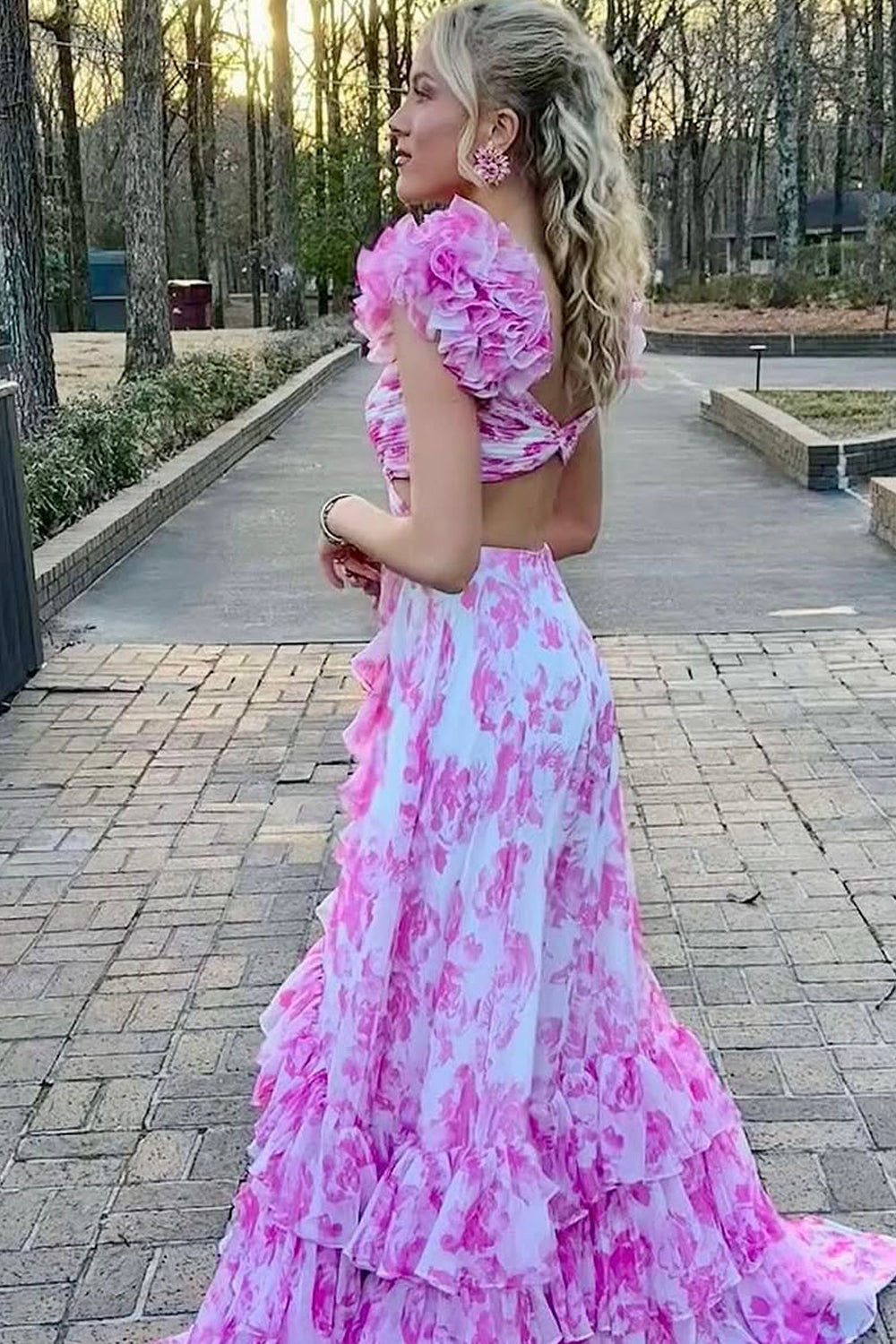 A-Line V Neck Pink Floral Printed Long Prom Dress Gown with Ruffle Slit LF1367