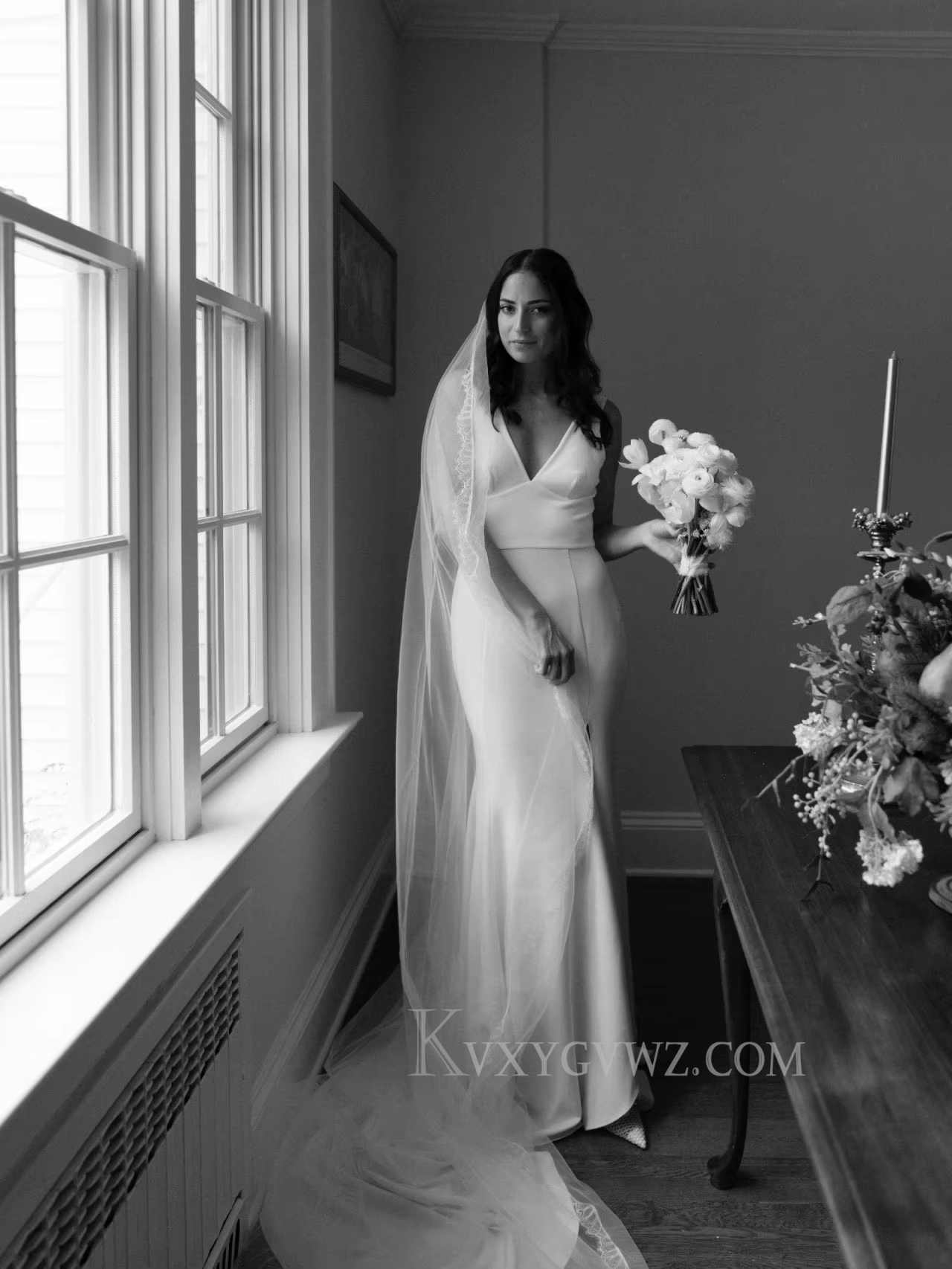 Sexy Deep V Neck Satin Sweep Train Wedding Gown/Dress HS405