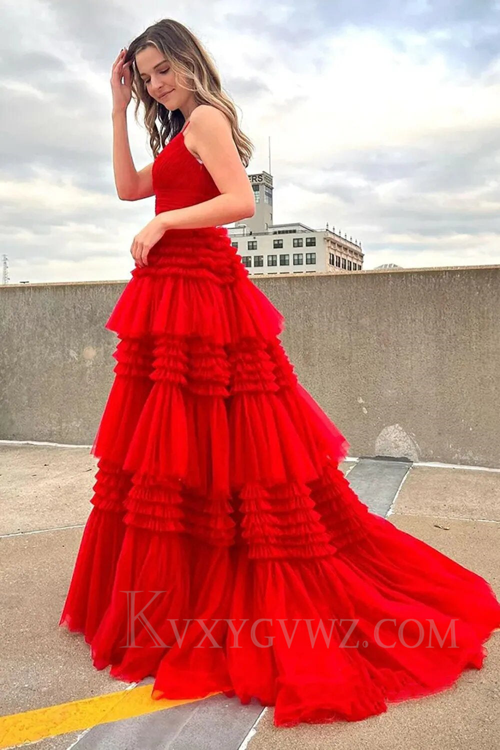 Beige Tulle Tiered Spaghetti Straps Long Prom Dress with Slit LF007
