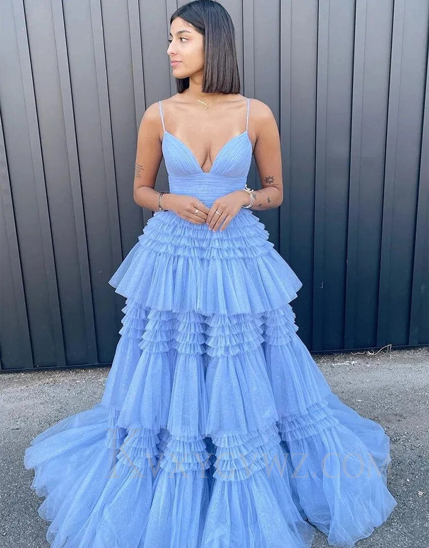 Beige Tulle Tiered Spaghetti Straps Long Prom Dress with Slit LF007