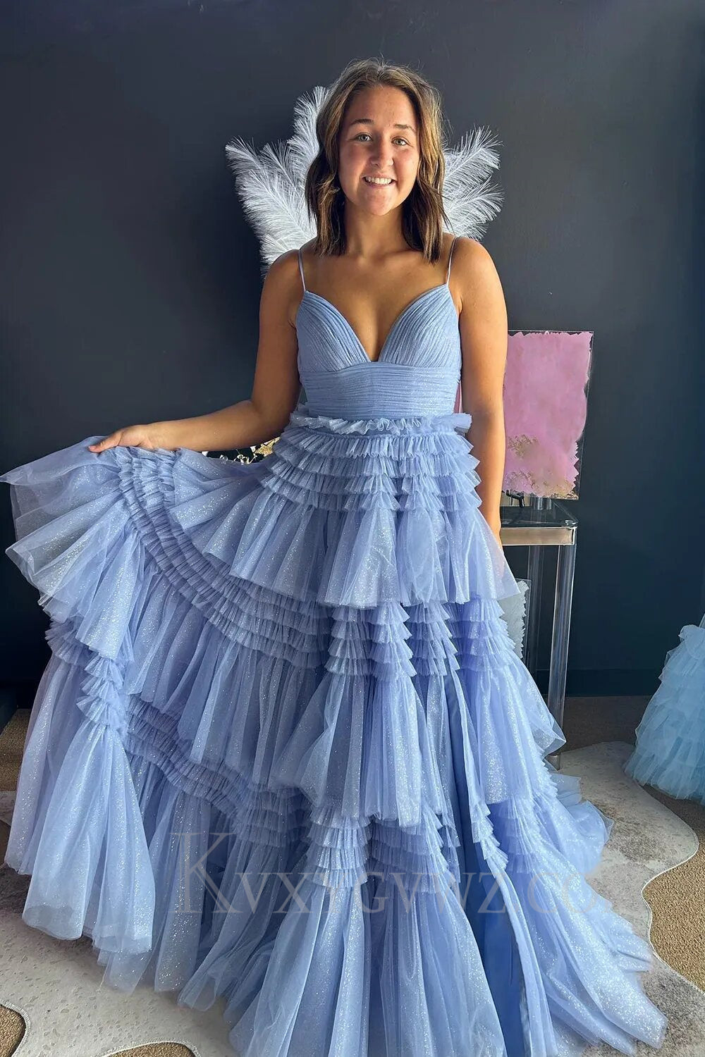 Beige Tulle Tiered Spaghetti Straps Long Prom Dress with Slit LF007