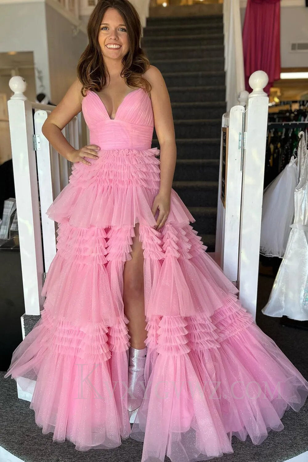 Beige Tulle Tiered Spaghetti Straps Long Prom Dress with Slit LF007