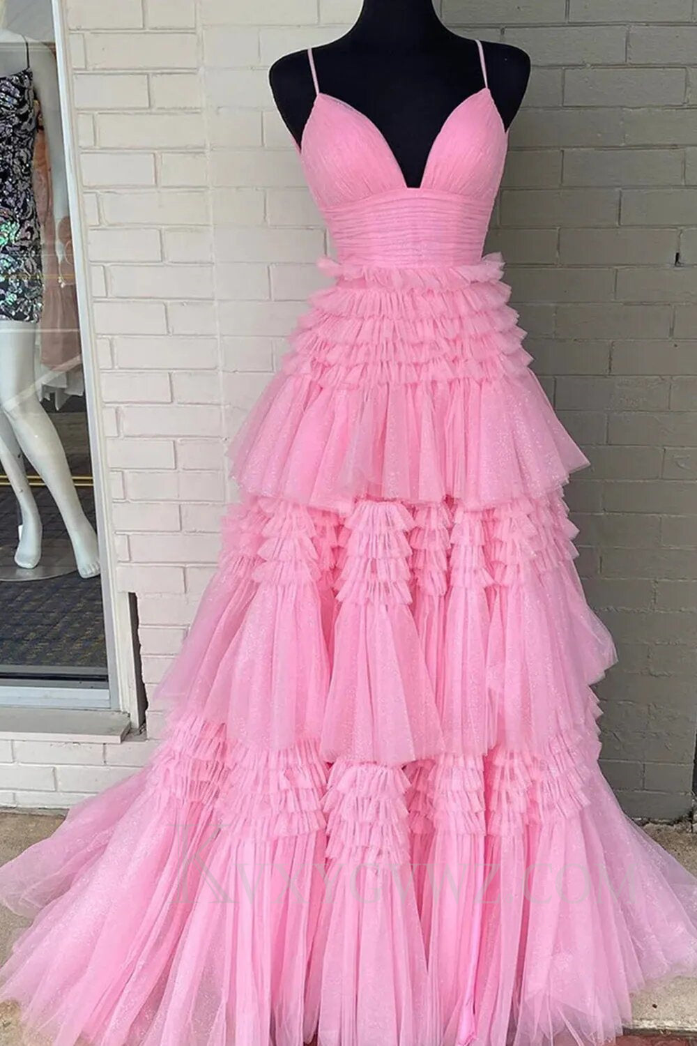 Beige Tulle Tiered Spaghetti Straps Long Prom Dress with Slit LF007