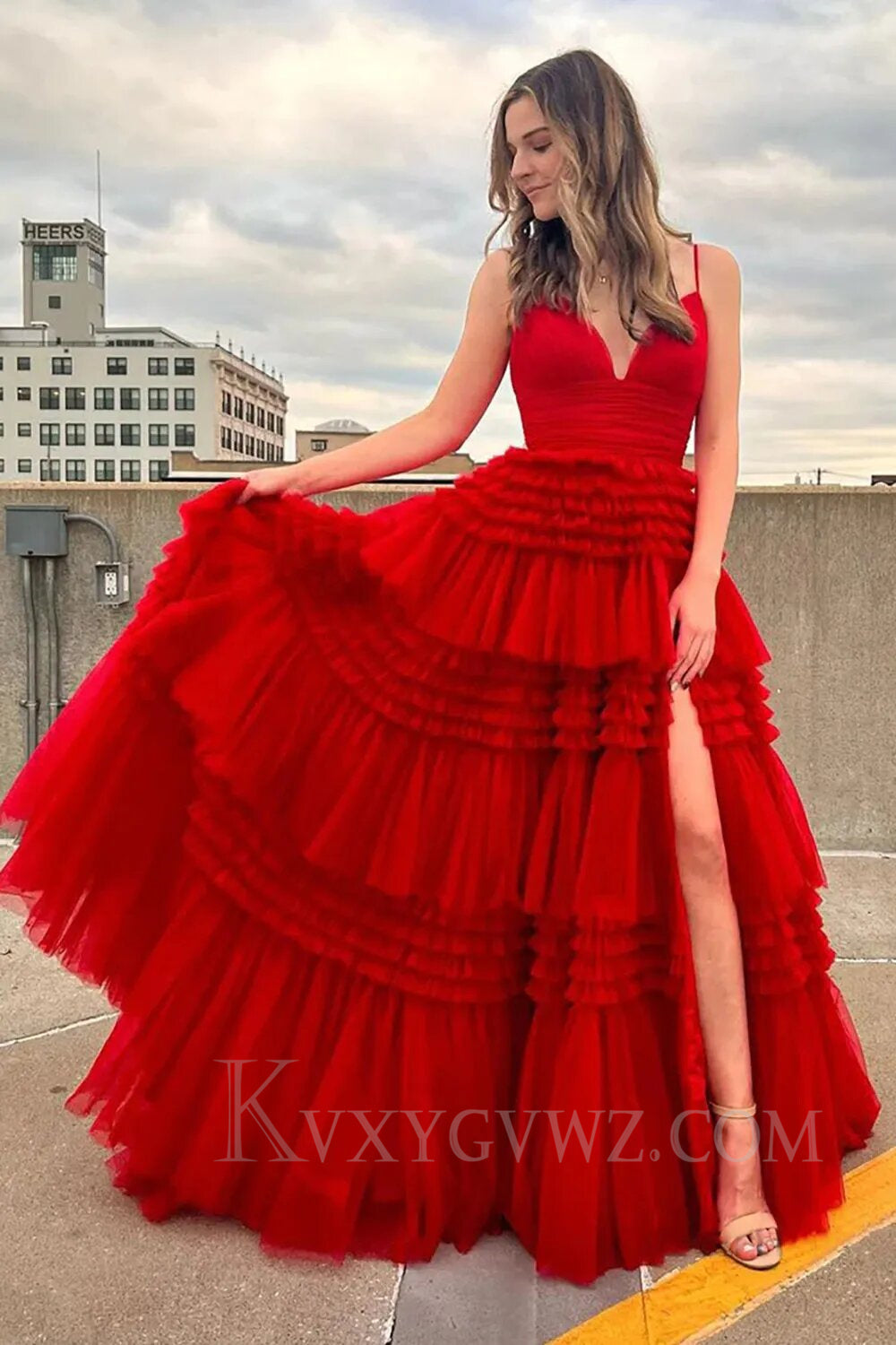 Beige Tulle Tiered Spaghetti Straps Long Prom Dress with Slit LF007