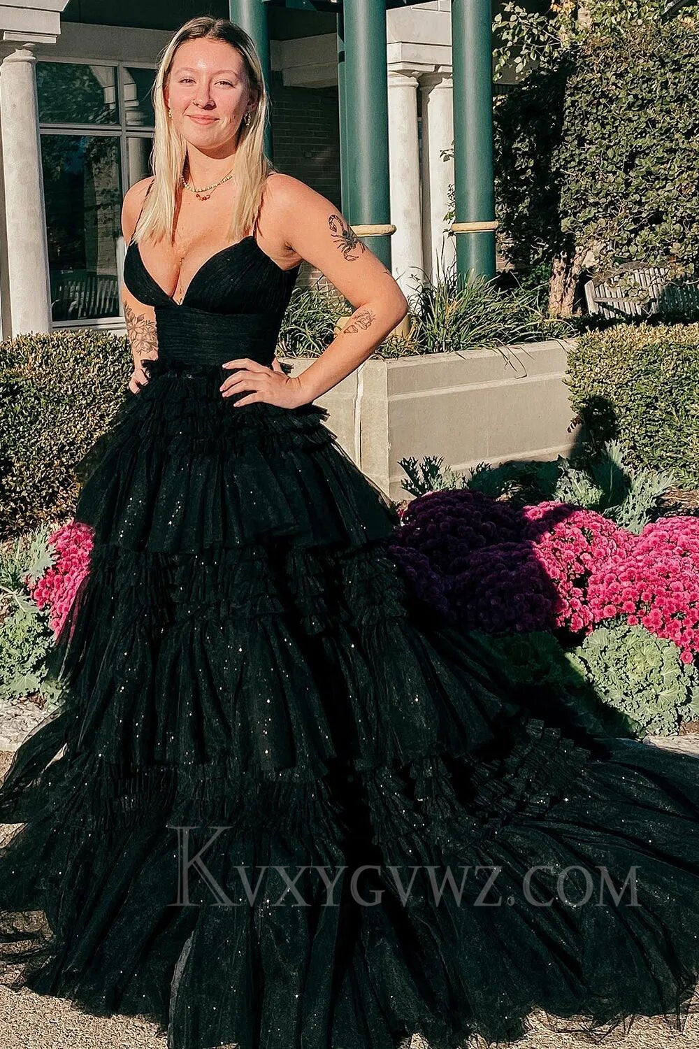 Beige Tulle Tiered Spaghetti Straps Long Prom Dress with Slit LF007