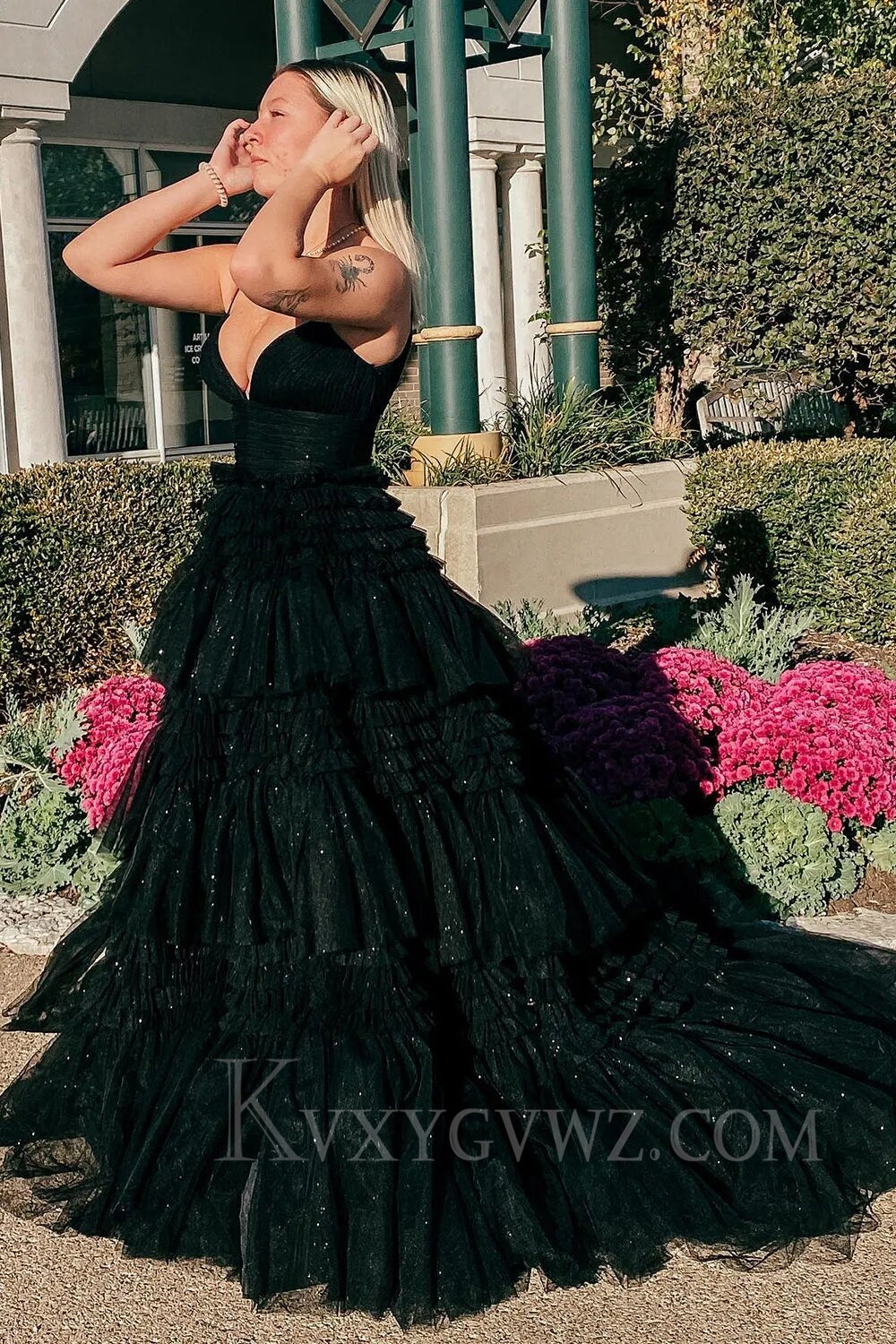 Fuchsia Tulle Ruffles Spaghetti Straps Long Prom Dress LF022