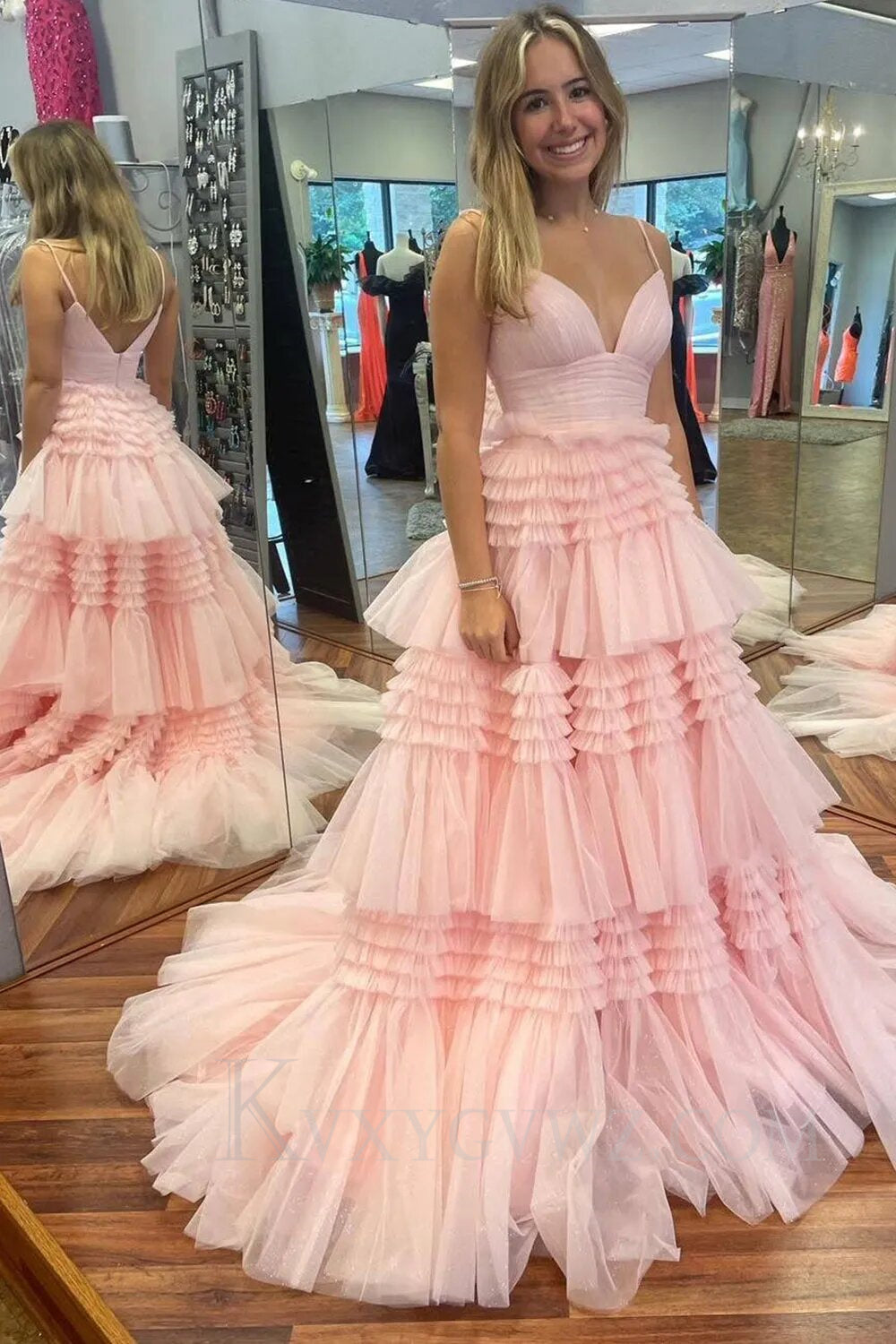 Beige Tulle Tiered Spaghetti Straps Long Prom Dress with Slit LF007