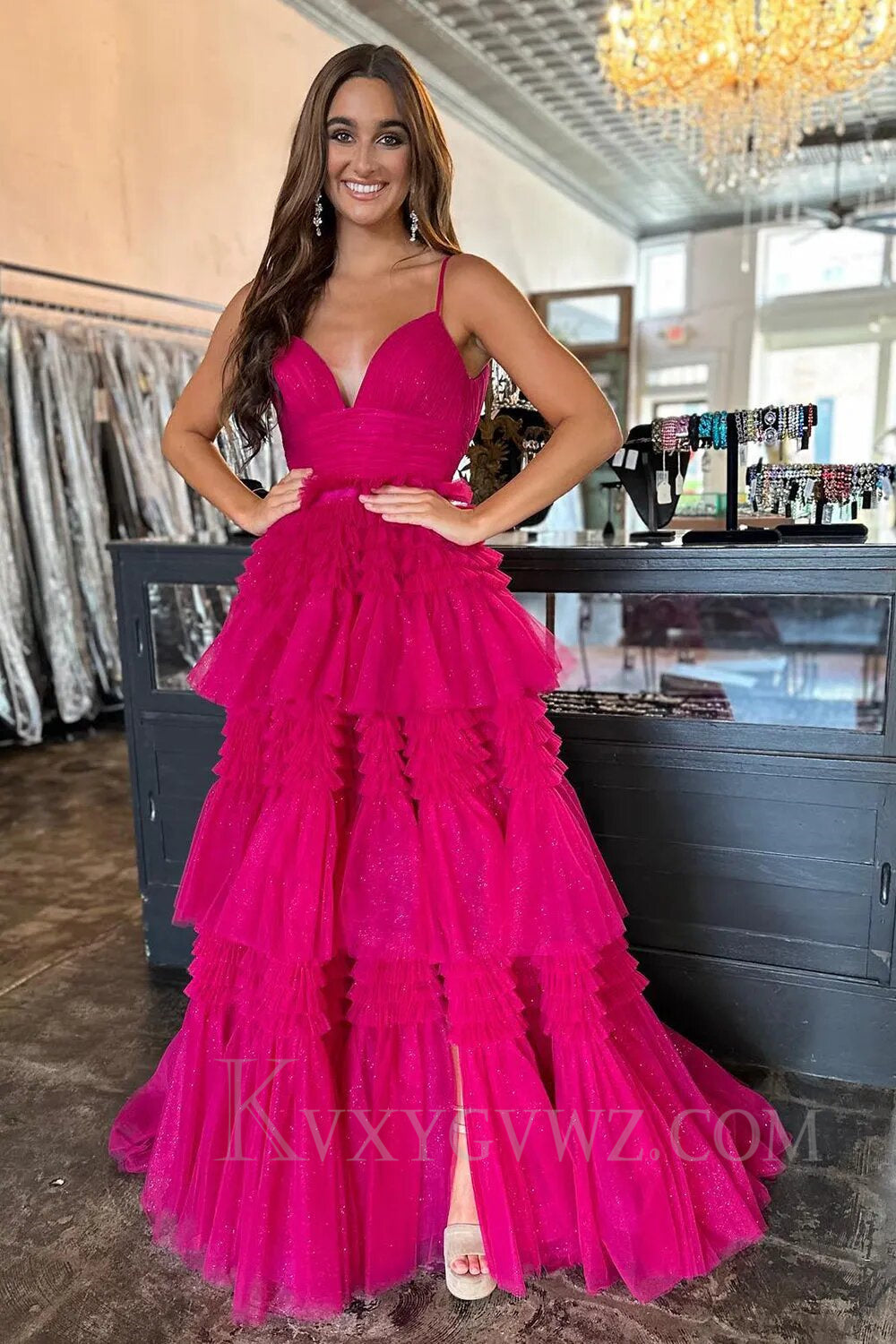 Beige Tulle Tiered Spaghetti Straps Long Prom Dress with Slit LF007