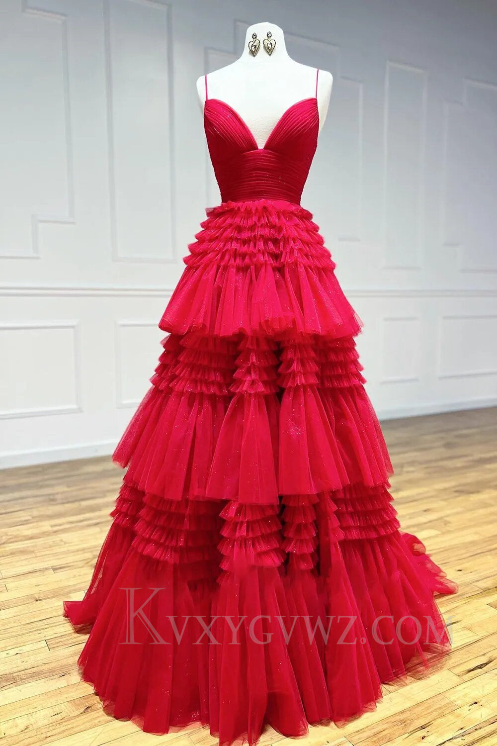 Beige Tulle Tiered Spaghetti Straps Long Prom Dress with Slit LF007