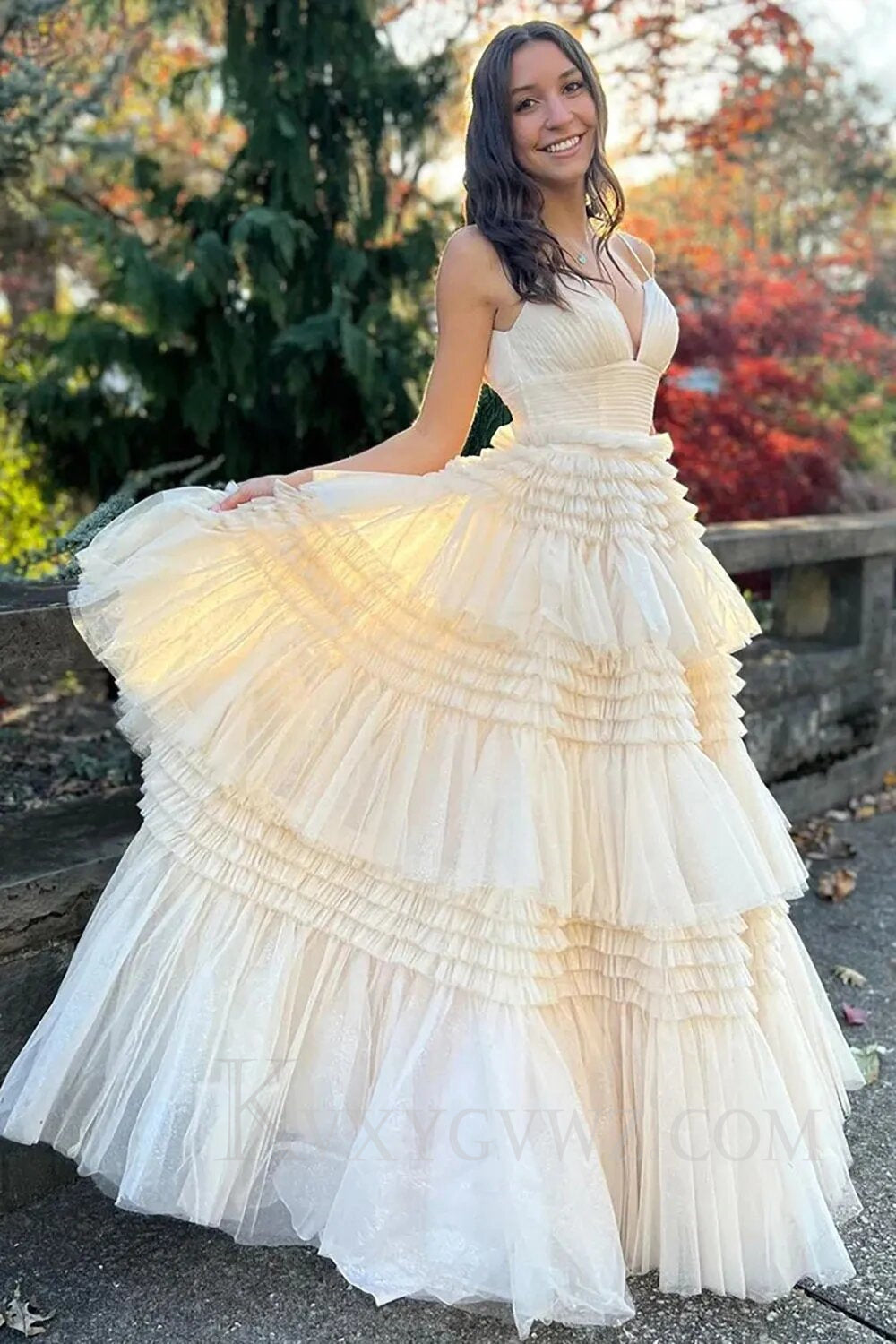 Beige Tulle Tiered Spaghetti Straps Long Prom Dress with Slit LF007