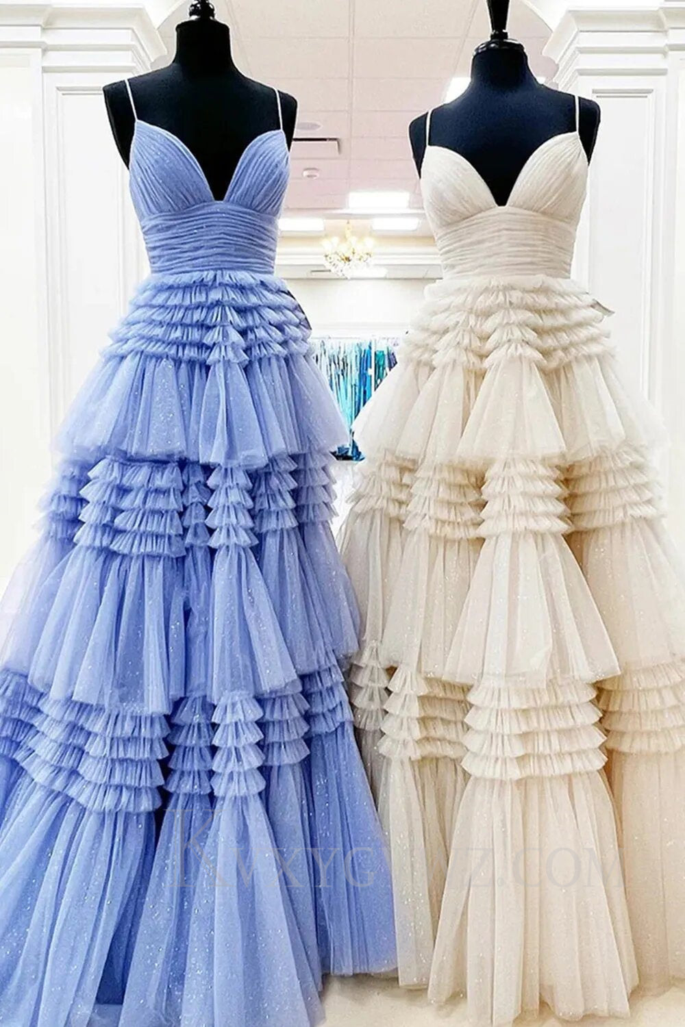 Beige Tulle Tiered Spaghetti Straps Long Prom Dress with Slit LF007