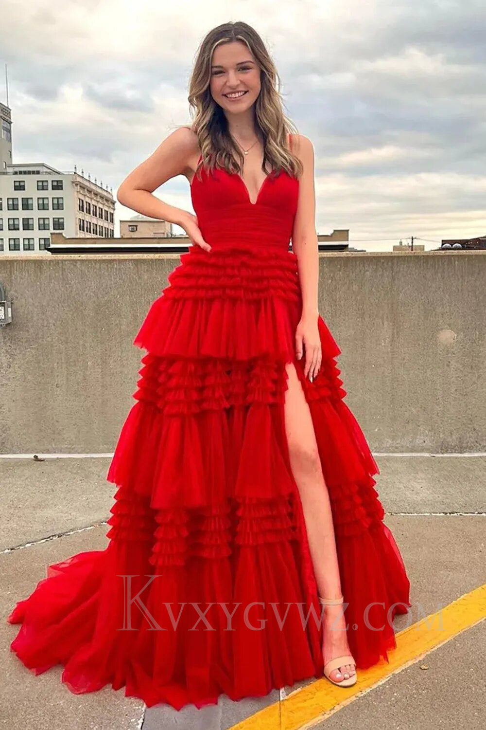 Beige Tulle Tiered Spaghetti Straps Long Prom Dress with Slit LF007