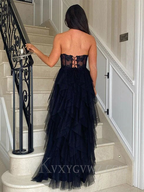 Black Strapless Floor length A-line Tulle Prom Dresses With Split LF070