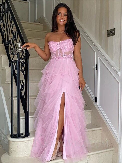 Black Strapless Floor length A-line Tulle Prom Dresses With Split LF070