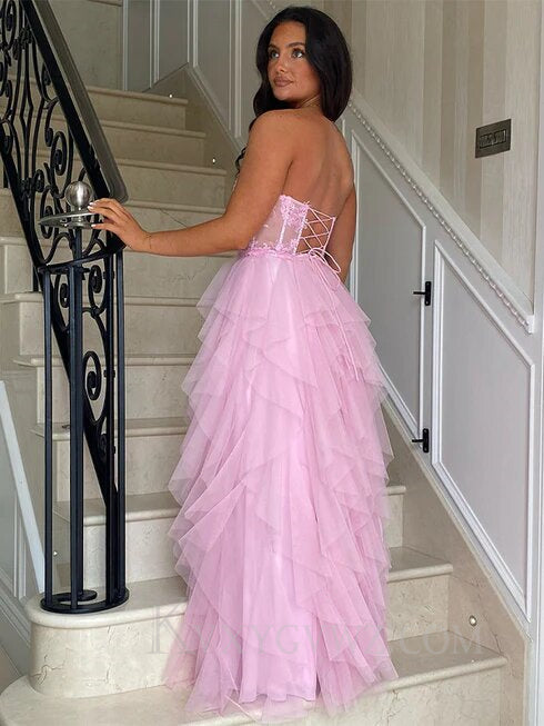 Black Strapless Floor length A-line Tulle Prom Dresses With Split LF070
