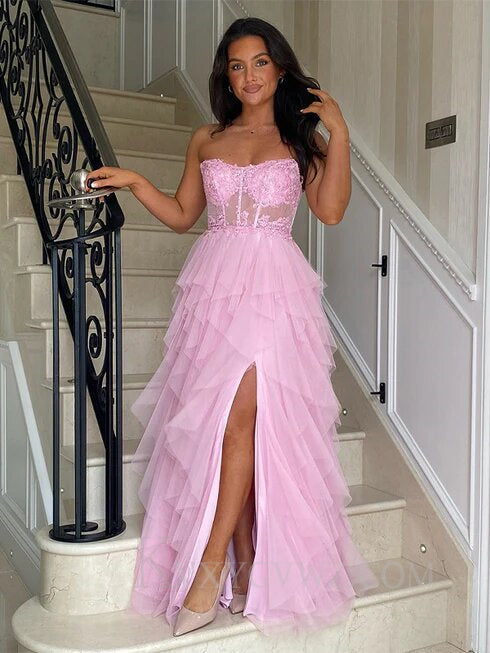 Black Strapless Floor length A-line Tulle Prom Dresses With Split LF070
