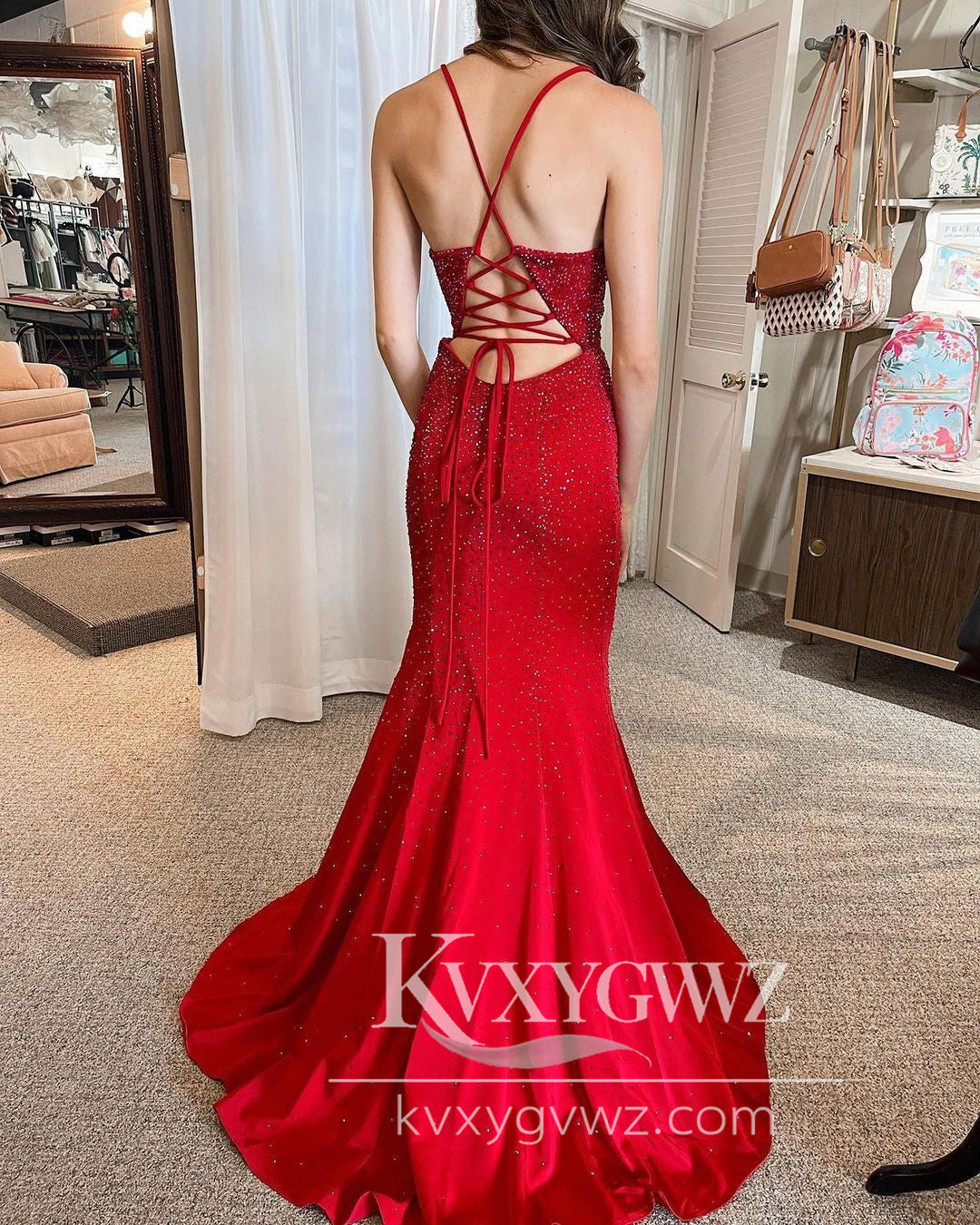 Charming Mermaid V Neck Red Satin Long Prom Dress Gown with Beading LF700