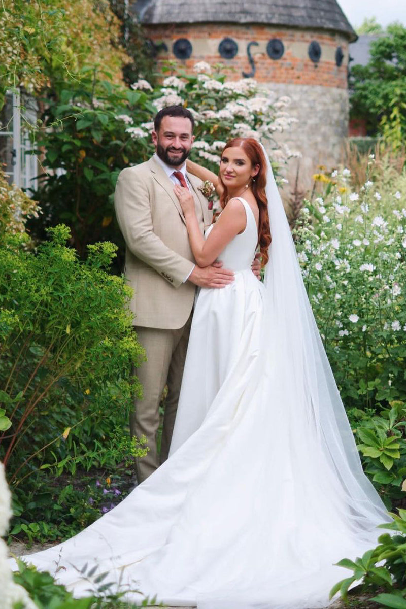 Graceful Square Neck White Satin Wedding Dresses Gown HS984