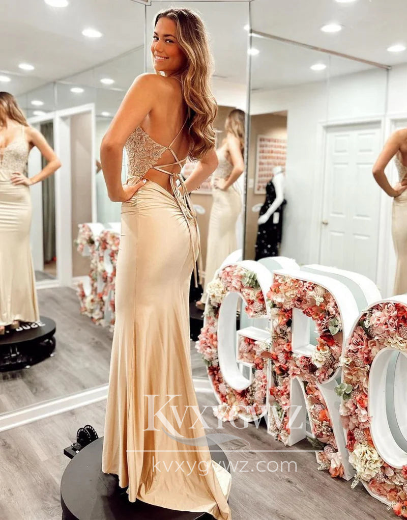 Chic Mermaid V Neck Champagne Evening Gown Satin Long Prom Dress with Appliques LF705