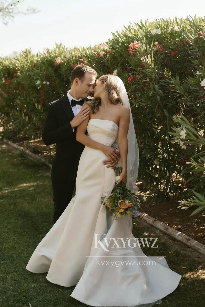 Graceful Mermaid Strapless Satin Wedding Dresses Gown With Sweep Train HS706
