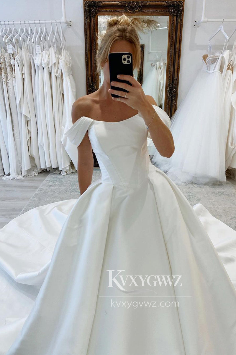 Graceful A-Line Off the Shoulder White Satin Wedding Dresses Gown With Sweep Train HS708