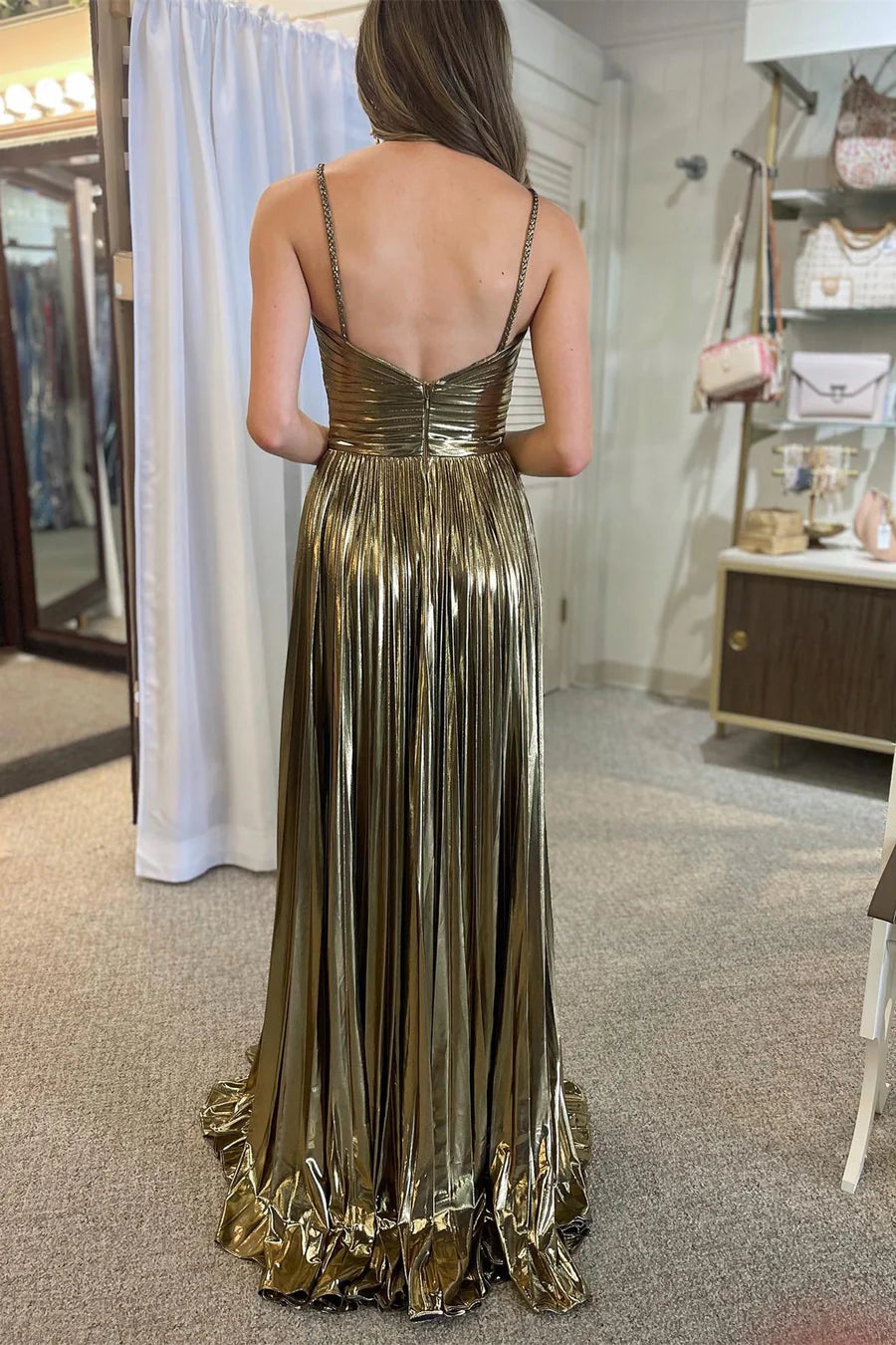 Glamorous A Line Staps Conspicuous Satin Long Prom Dress Gown with Slit LF1366