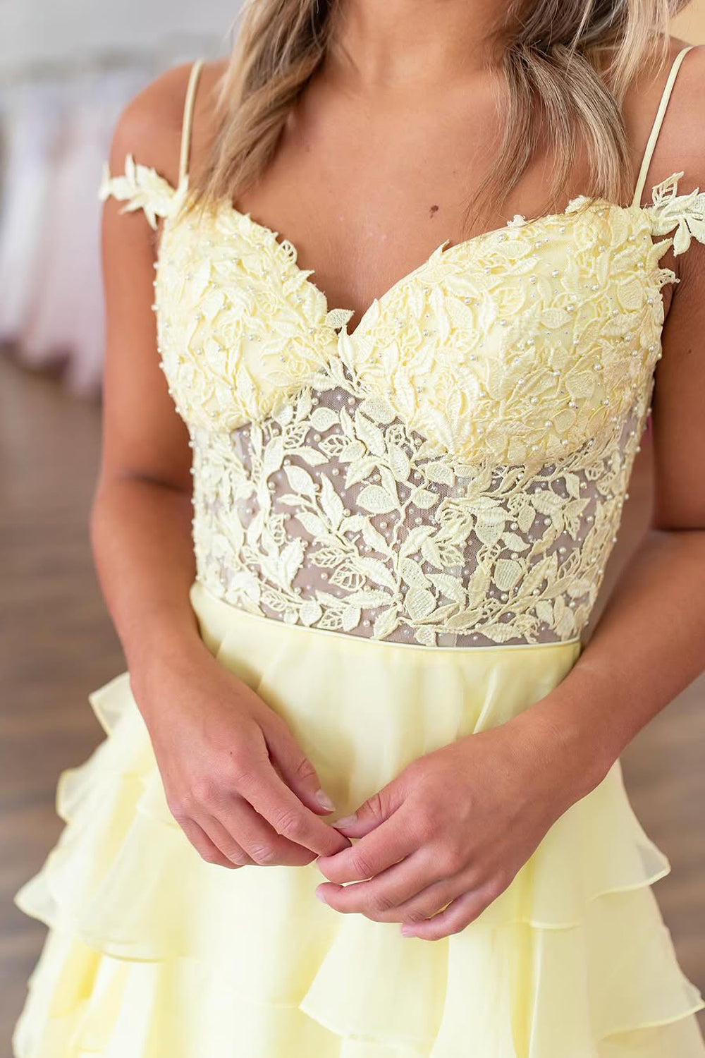 A-Line Cold Shoulder Yellow Ruffle Tiered Long Prom Dress Gown with Slit LF1308
