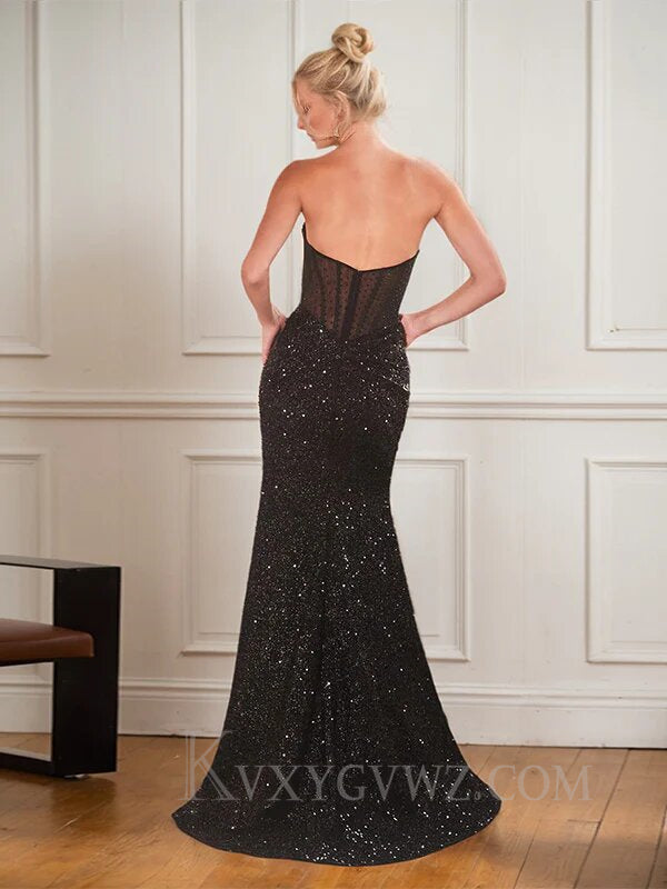 Black Sequins Mermaid Strapless Long Prom Dress with Slit LF071