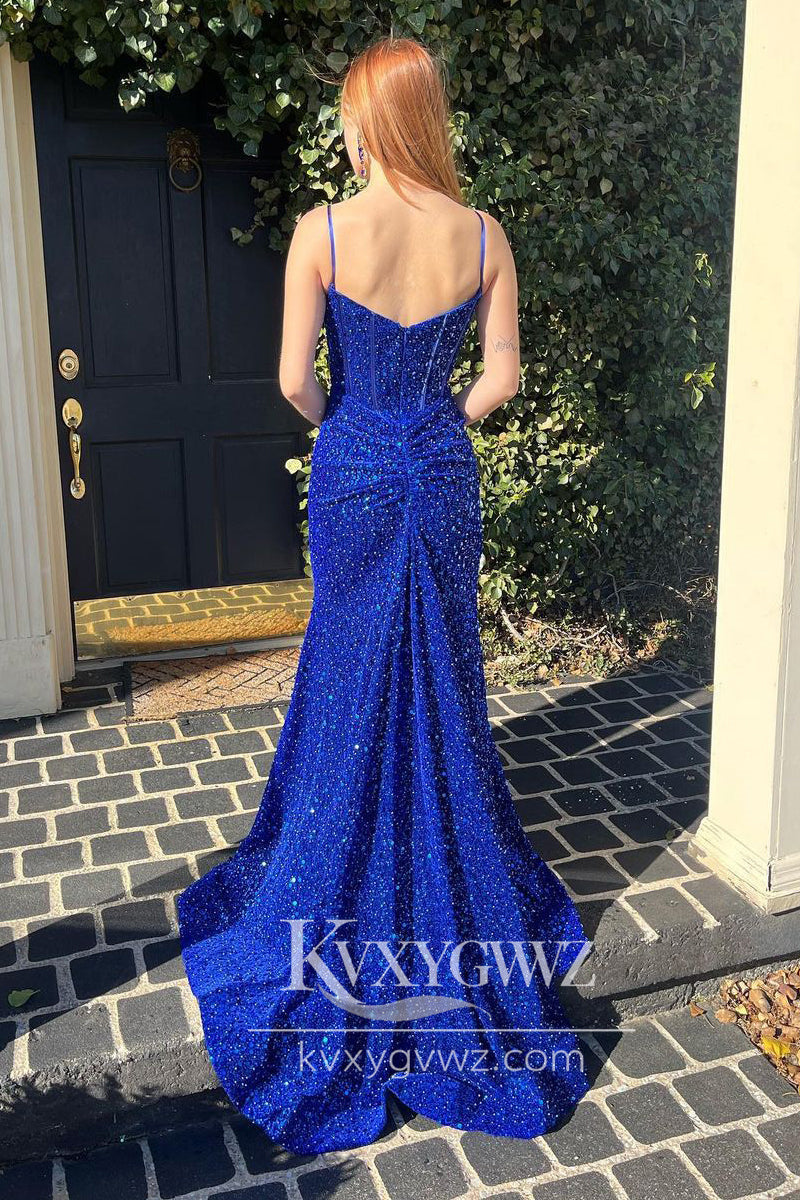 Stunning Mermaid Royal Blue Sequins Evening Gown Spaghetti Straps Long Prom Dress LF714