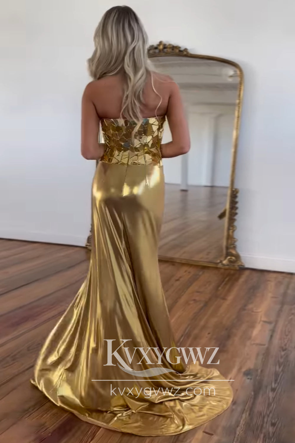 Charming Mermaid Scoop Neck Gold Beaded Long Prom Dress Gown with Slit LF715