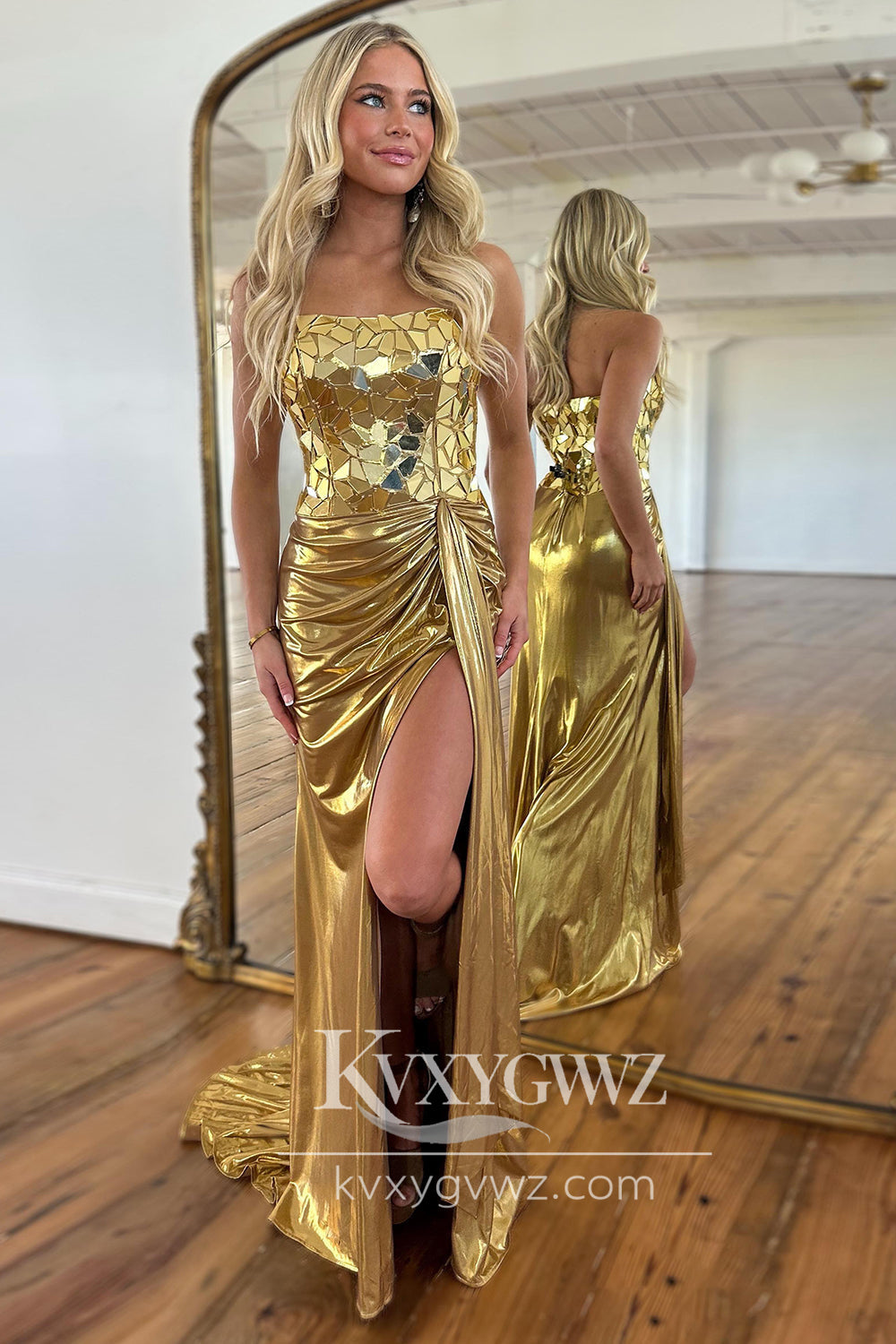 Charming Mermaid Scoop Neck Gold Beaded Long Prom Dress Gown with Slit LF715