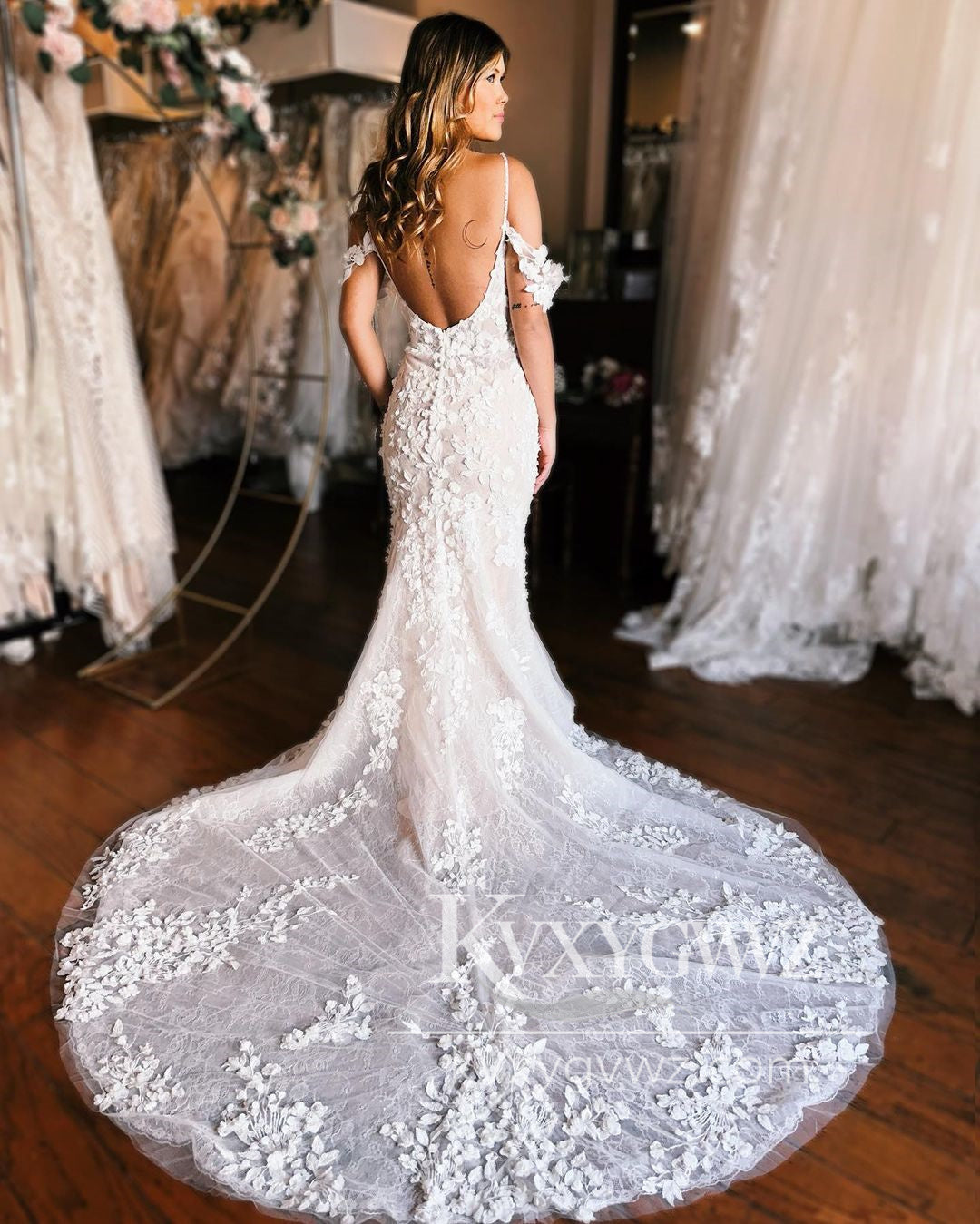 Graceful Mermaid Off the Shoulder Spaghetti Strap Lace Wedding Dresses Gown With Slit HS715